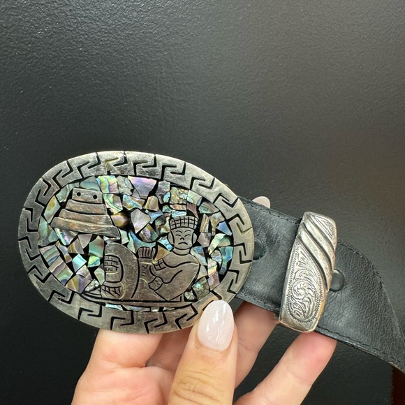 Lucchese men’s belt with abalone sterling silver made in Mexico large buckle - Picture 4 of 10